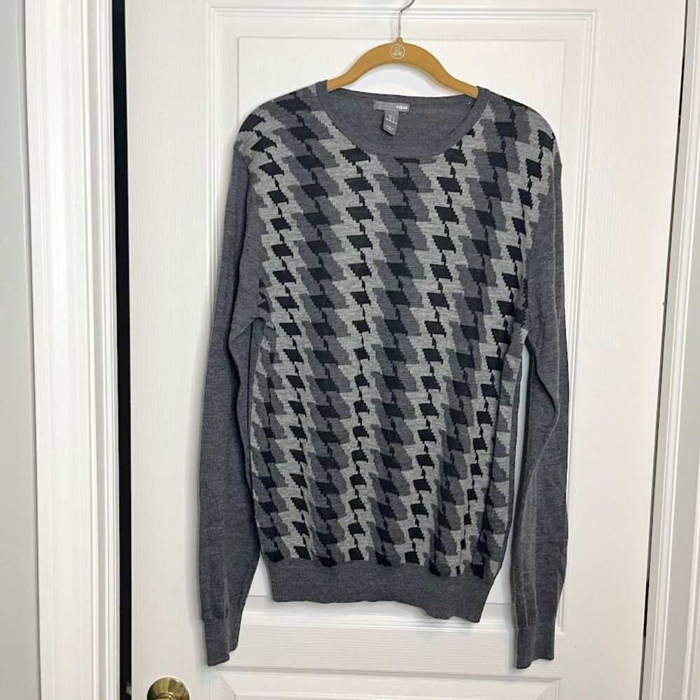 H&M Merino Wool Knit Blend Houndstooth Lightweight Long Sleeve Crew Neck Sweater